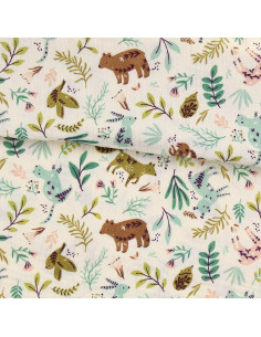 Tissu double gaze imprimé - Anifolk écru et vert