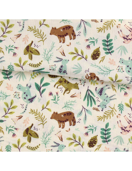 Tissu double gaze imprimé - Anifolk écru et vert