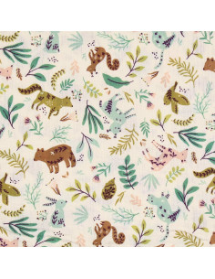 Tissu double gaze imprimé - Anifolk écru et vert 2