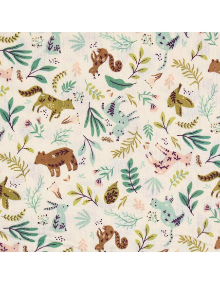 Tissu double gaze imprimé - Anifolk écru et vert