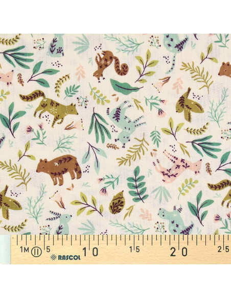 Tissu double gaze imprimé - Anifolk écru et vert