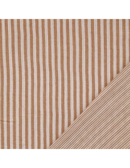 Tissu double gaze gaufrée rayures - Caramel et blanc cassé