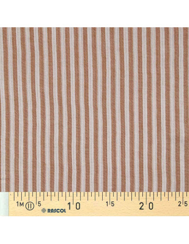 Tissu double gaze gaufrée rayures - Caramel et blanc cassé