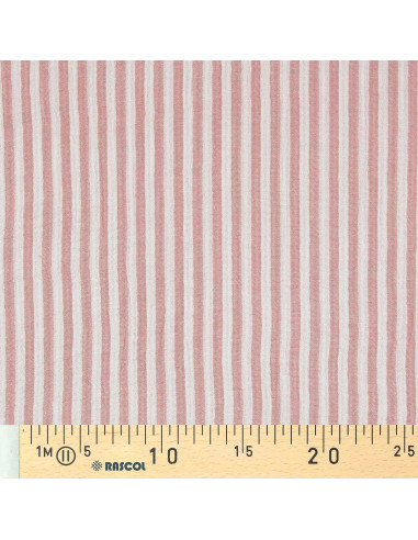 Tissu double gaze gaufrée rayures - Vieux rose et blanc cassé