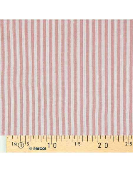 Tissu double gaze gaufrée rayures - Vieux rose et blanc cassé