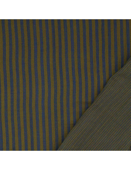 Tissu double gaze gaufrée rayures - Bronze et cobalt
