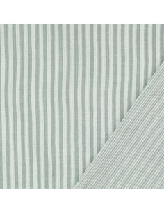 Tissu double gaze gaufrée rayures - Vert de gris et blanc cassé