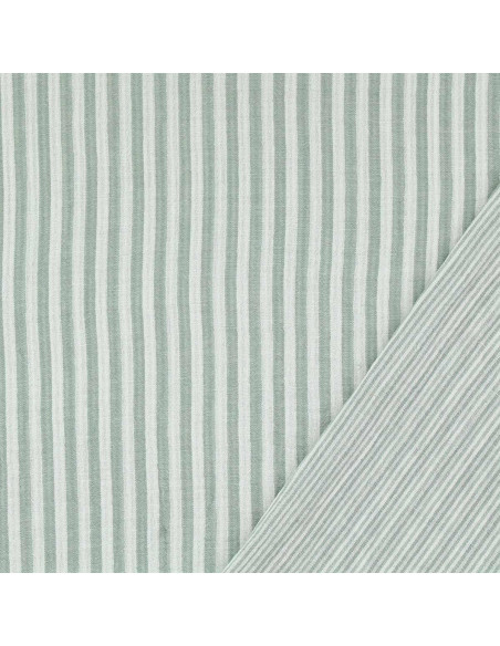 Tissu double gaze gaufrée rayures - Vert de gris et blanc cassé