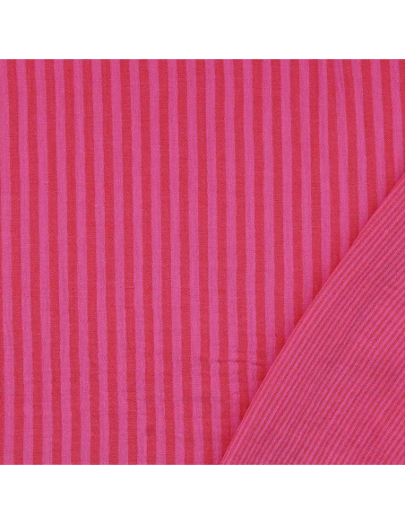Tissu double gaze gaufrée rayures - Bonbon et hibiscus