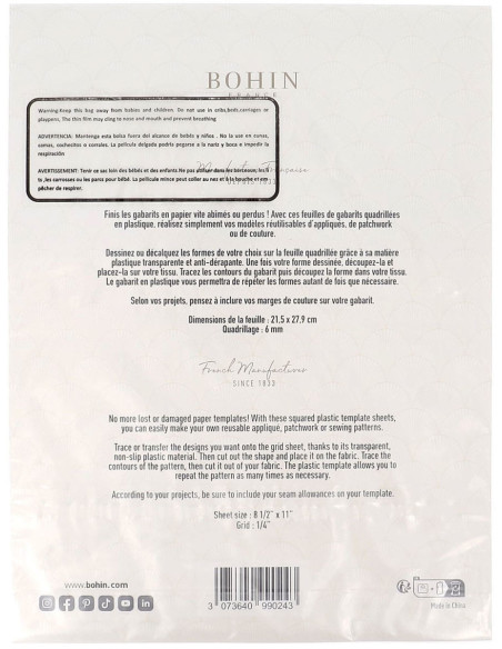Feuilles de gabarits transparentes quadrillées Bohin