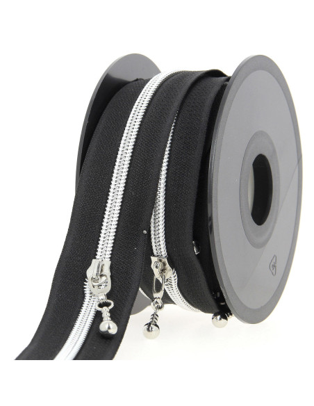 Rouleau de 5 mètres de fermeture nylon 5 mm avec tirettes rondes - Noir et argent