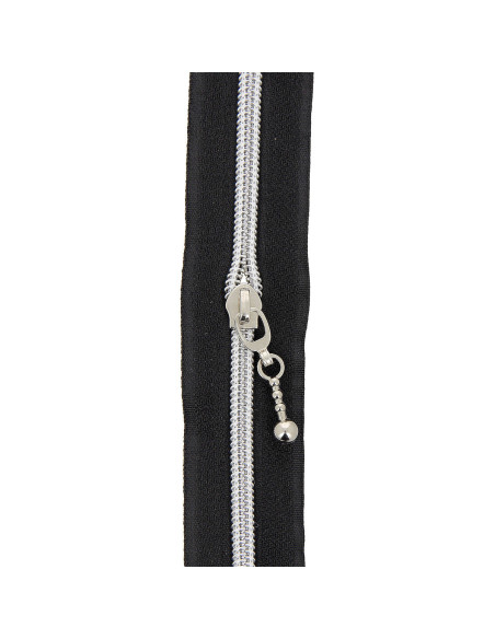 Rouleau de 5 mètres de fermeture nylon 5 mm avec tirettes rondes - Noir et argent