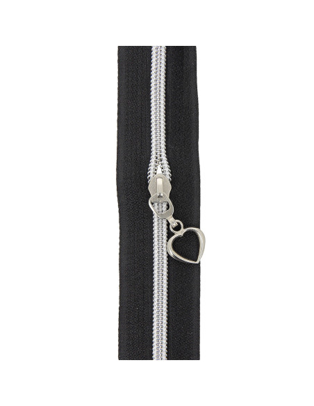 Rouleau de 5 mètres de fermeture nylon 5 mm avec tirettes coeurs - Noir et argent