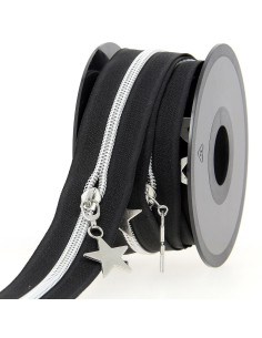 Rouleau de 5 mètres de fermeture nylon 5 mm avec tirettes étoiles - Noir et argent