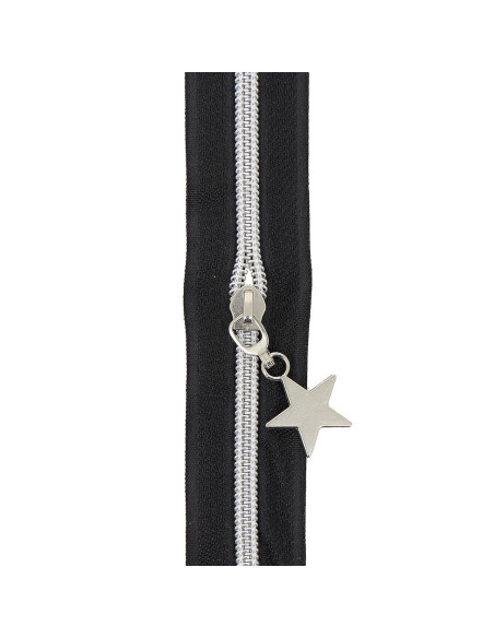 Rouleau de 5 mètres de fermeture nylon 5 mm avec tirettes étoiles - Noir et argent