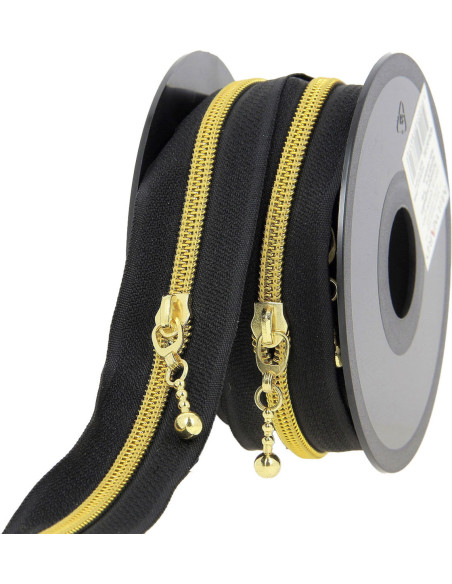 Rouleau de 5 mètres de fermeture nylon 5 mm avec tirettes rondes - Noir et or