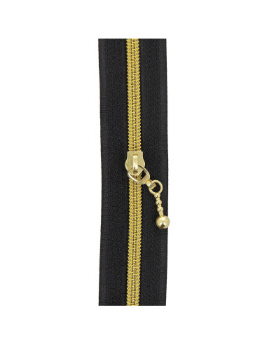 Rouleau de 5 mètres de fermeture nylon 5 mm avec tirettes rondes - Noir et or