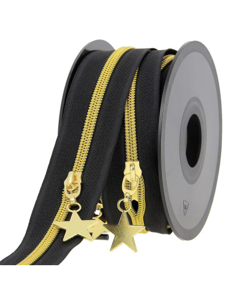 Rouleau de 5 mètres de fermeture nylon 5 mm avec tirettes étoiles - Noir et or