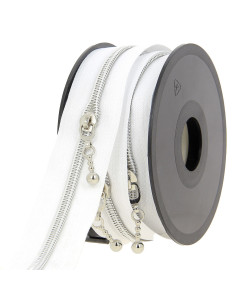 Rouleau de 5 mètres de fermeture nylon 5 mm avec tirettes rondes - Blanc et argent