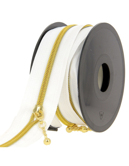 Rouleau de 5 mètres de fermeture nylon 5 mm avec tirettes rondes - Blanc et or