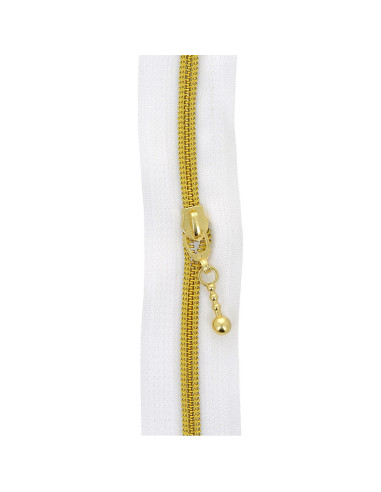 Rouleau de 5 mètres de fermeture nylon 5 mm avec tirettes rondes - Blanc et or
