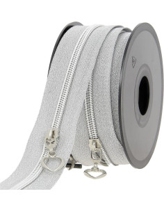 Rouleau de 5 mètres de fermeture nylon 5 mm avec tirettes coeurs - Argent lurex