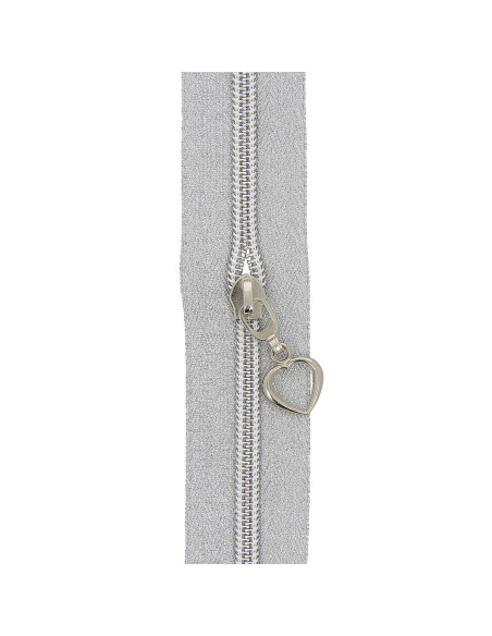 Rouleau de 5 mètres de fermeture nylon 5 mm avec tirettes coeurs - Argent lurex