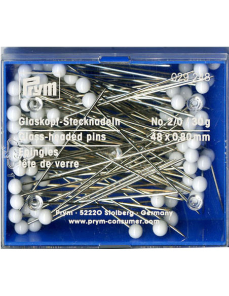 Boite de 30 grs épingles tête de verre extra-longues blanches Prym