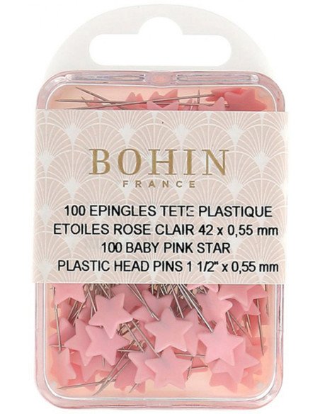 Boite de 100 épingles à tête plastique étoiles rose clair Bohin