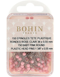 Boite de 150 épingles à tête plastique rondes rose clair Bohin