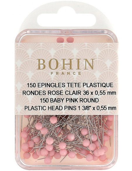Boite de 150 épingles à tête plastique rondes rose clair Bohin