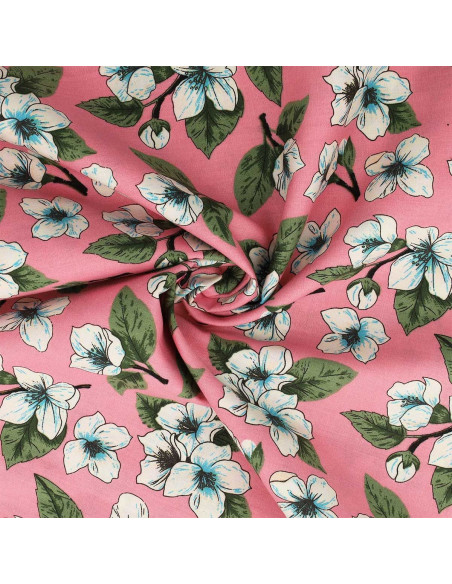 Tissu popeline de coton fleuri - Pluie de fleurs rose