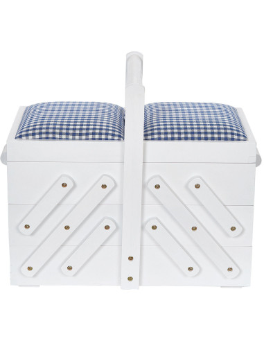 Travailleuse couture bois Blanc avec tissu vichy bleu M