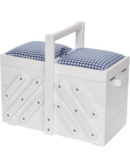 Travailleuse couture bois Blanc avec tissu vichy bleu M