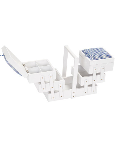 Travailleuse couture bois Blanc avec tissu vichy bleu M