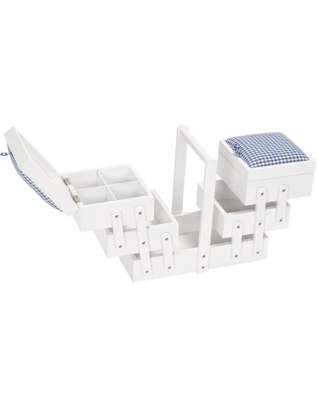 Travailleuse couture bois Blanc avec tissu vichy bleu M