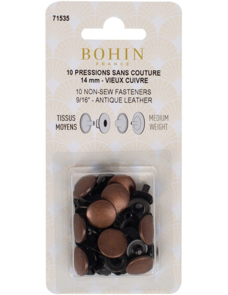 Boite de 10 pressions sans couture tissus moyens 14 mm Bohin - Cuivre