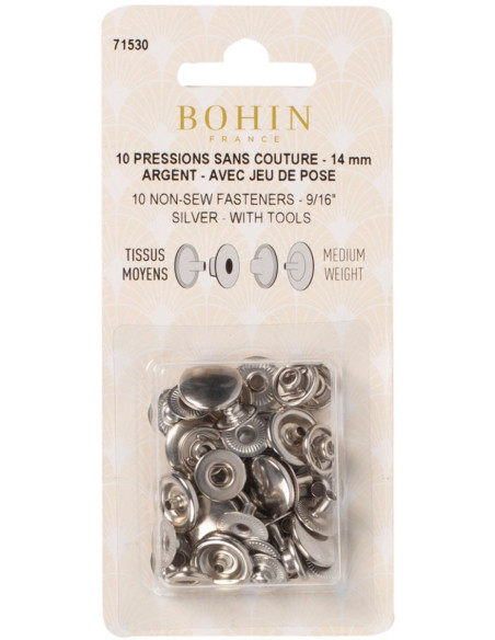Boite de 10 pressions sans couture tissus moyens 14 mm Bohin - Argent