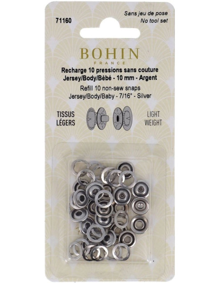 Boite de 10 pressions sans couture jersey griffes en calotte 10 mm Bohin - Argent