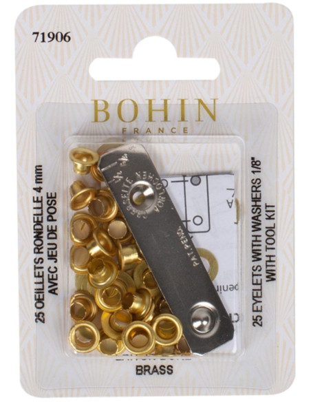 Boite 25 oeillets 4 mm avec rondelles et jeu de pose Bohin - Doré