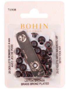 Boite 25 oeillets 4 mm avec rondelles et jeu de pose Bohin - Bronze