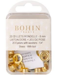 Boite 20 oeillets 8 mm avec rondelles et jeu de pose Bohin - Doré