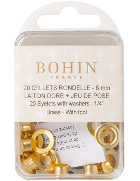 Boite 20 oeillets 8 mm avec rondelles et jeu de pose Bohin - Doré