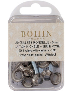 Boite 20 oeillets 8 mm avec rondelles et jeu de pose Bohin - Argent
