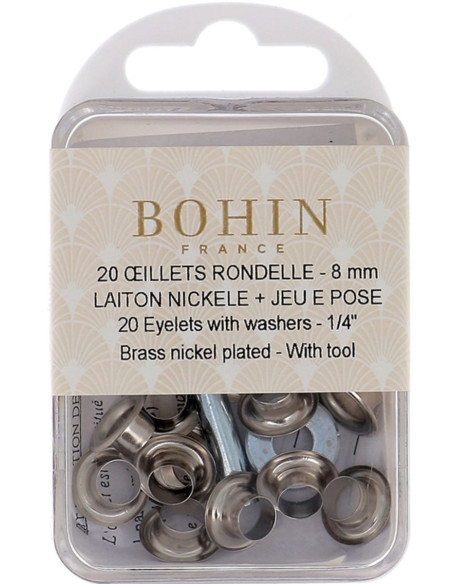 Boite 20 oeillets 8 mm avec rondelles et jeu de pose Bohin - Argent