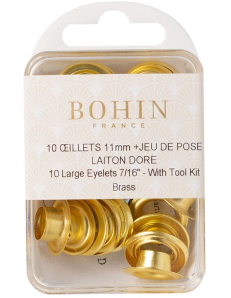 Boite 10 oeillets 11 mm avec rondelles et jeu de pose Bohin - Doré
