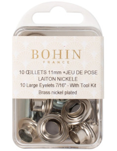 Boite 10 oeillets 11 mm avec rondelles et jeu de pose Bohin - Argent