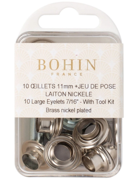 Boite 10 oeillets 11 mm avec rondelles et jeu de pose Bohin - Argent