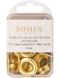 Boite 10 oeillets 14 mm avec rondelles et jeu de pose Bohin - Doré