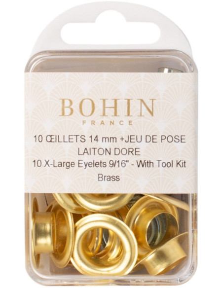Boite 10 oeillets 14 mm avec rondelles et jeu de pose Bohin - Doré